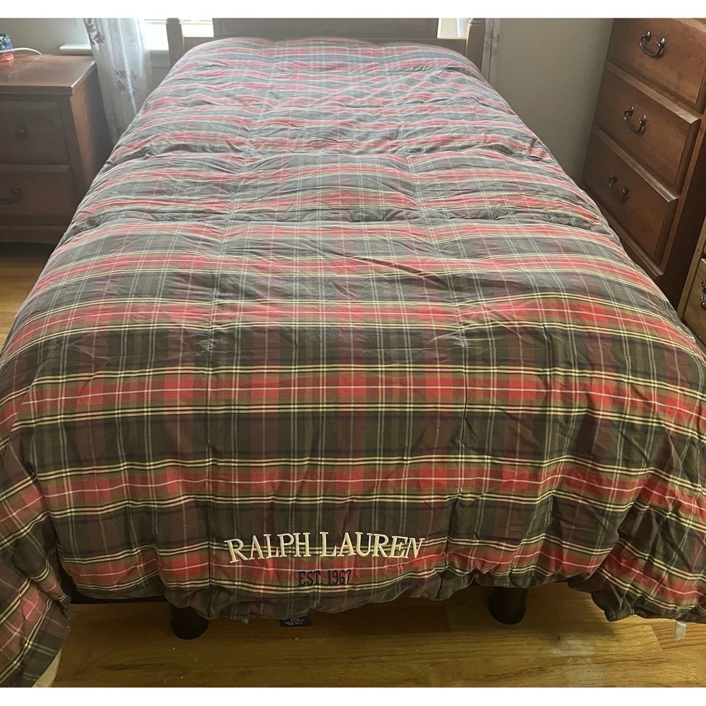 Ralph Lauren Twin Reversible Plaid Comforter Embroidered EST 1967 Red Blue Tan
